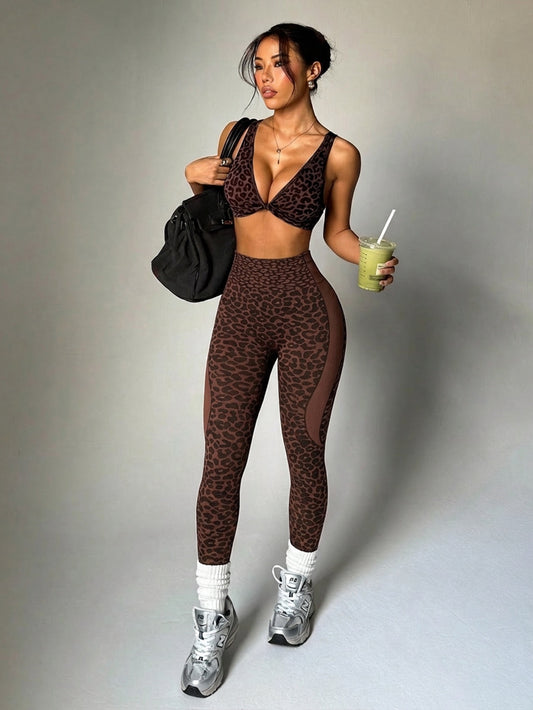 2PCS Set Women's Leopard Print Yoga Seamless High-Waisted Leggings Sports Bra Activewear Workout Fitness Clothing Set