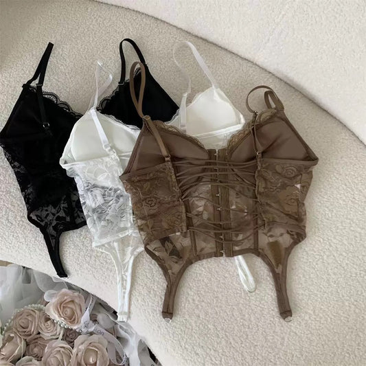 V-Neck Sexy Lace Corset Top Slim Fit Push Up Hollow Suspender Vest Adjustable Straps Off Shoulder Breathable Mesh Vest Travel