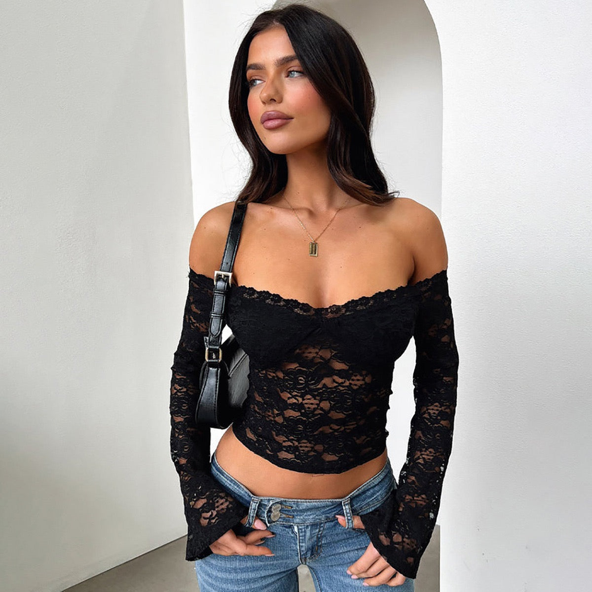 Sexy Lace Mesh Off Shoulder Low-cut Short T Shirt Women Long Sleeves Bare Midriff Bottoming Shirt Ladies Tee Shirt Tops
