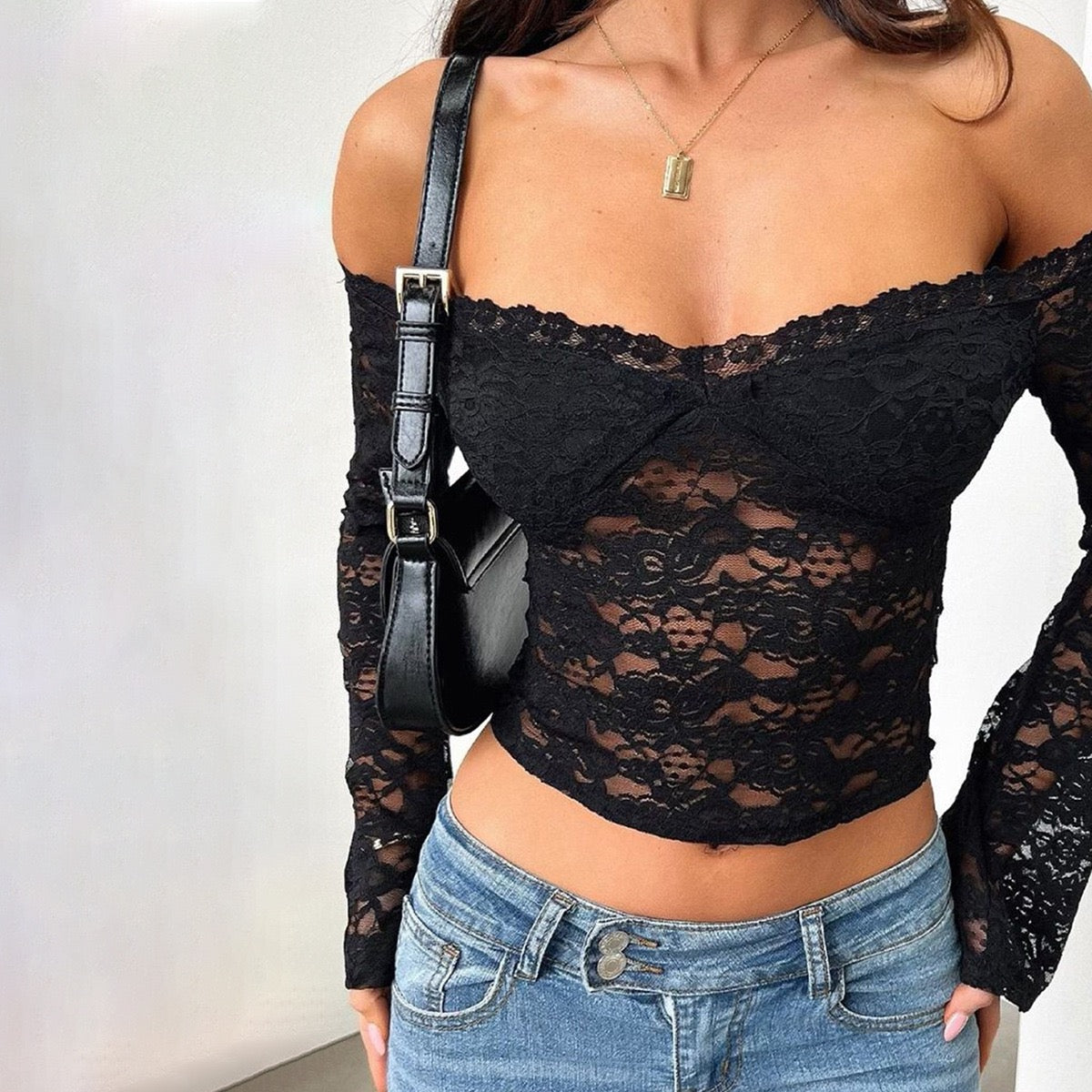Sexy Lace Mesh Off Shoulder Low-cut Short T Shirt Women Long Sleeves Bare Midriff Bottoming Shirt Ladies Tee Shirt Tops