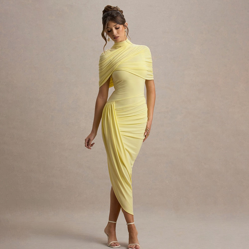 Chic Yellow Gauze Pleated Strapless Dress Women Sleeveless Off Shoulder Slim Short Dresses 2026 Lady Evening Party Vestidos New