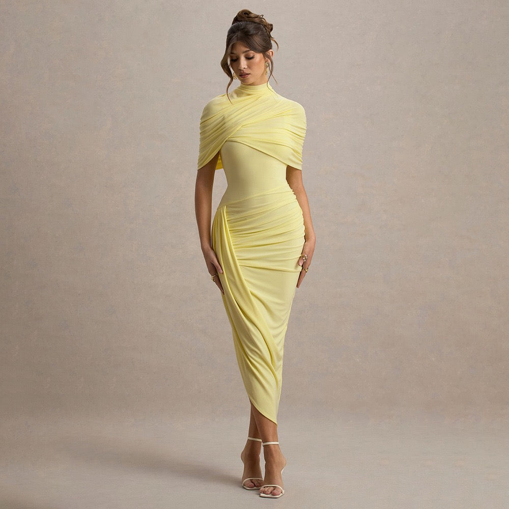 Chic Yellow Gauze Pleated Strapless Dress Women Sleeveless Off Shoulder Slim Short Dresses 2026 Lady Evening Party Vestidos New