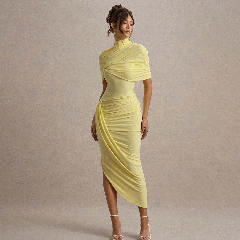 Chic Yellow Gauze Pleated Strapless Dress Women Sleeveless Off Shoulder Slim Short Dresses 2026 Lady Evening Party Vestidos New
