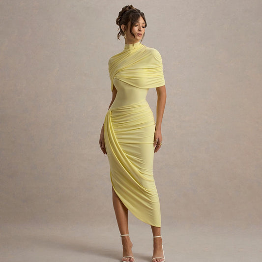 Chic Yellow Gauze Pleated Strapless Dress Women Sleeveless Off Shoulder Slim Short Dresses 2026 Lady Evening Party Vestidos New