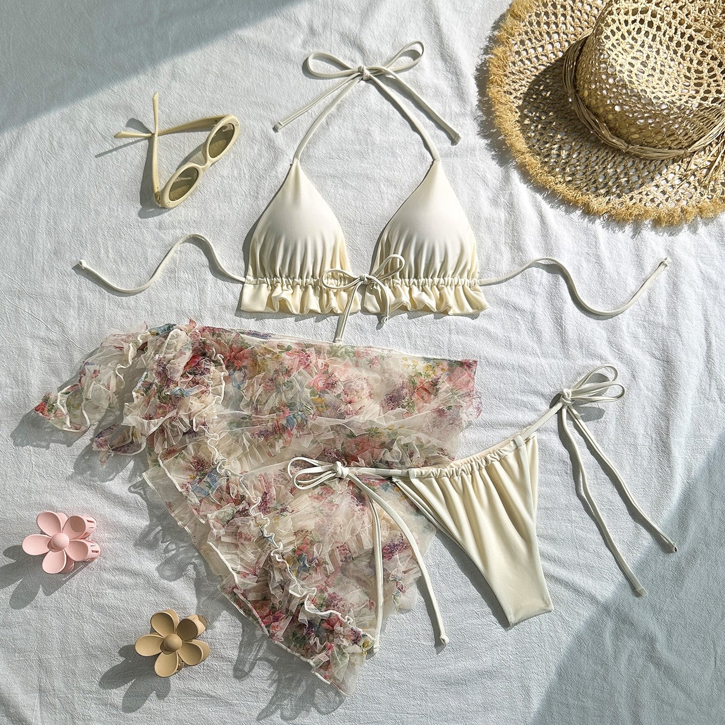 Sexy Bathing Suit Women Three Piece Set Fashion Triangle Ruffles Bandage Micro Bikini Mesh Cover Up Summer Beach Split Swimsuit