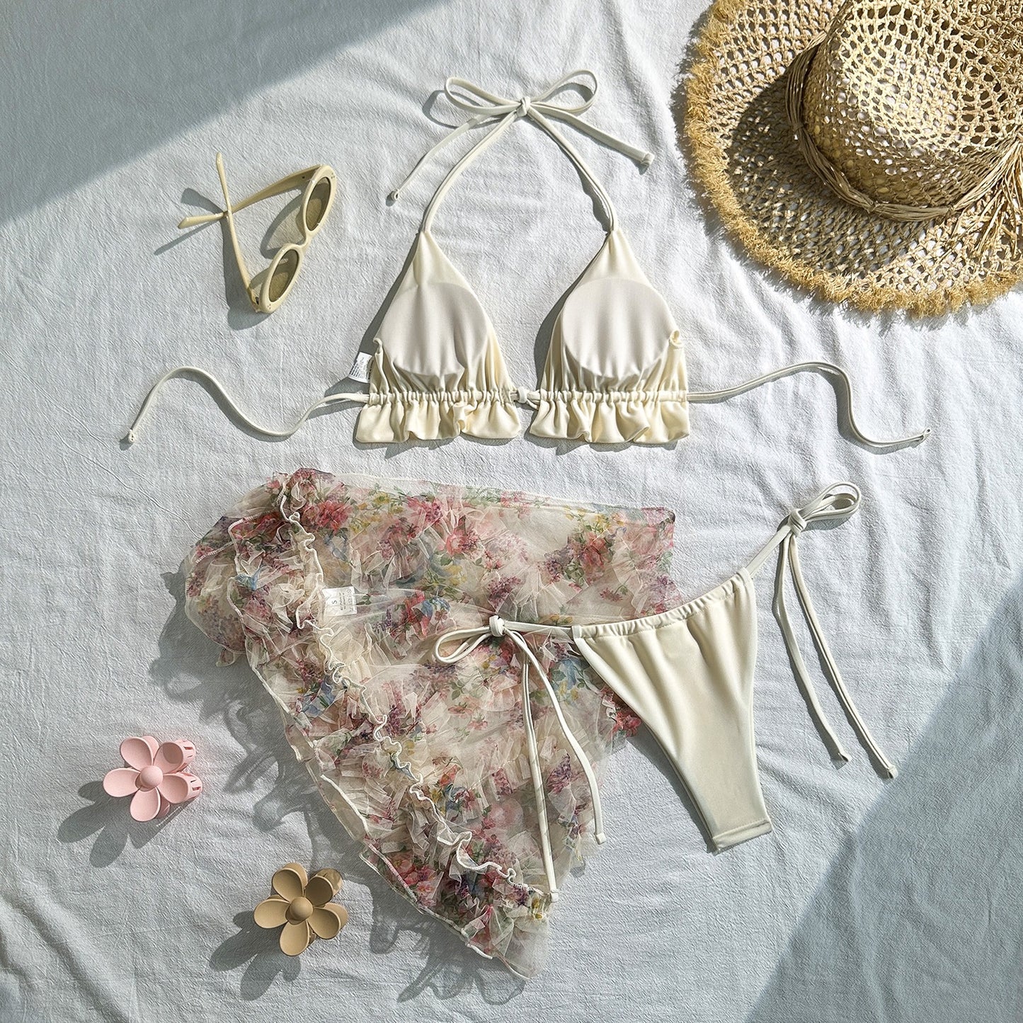 Sexy Bathing Suit Women Three Piece Set Fashion Triangle Ruffles Bandage Micro Bikini Mesh Cover Up Summer Beach Split Swimsuit