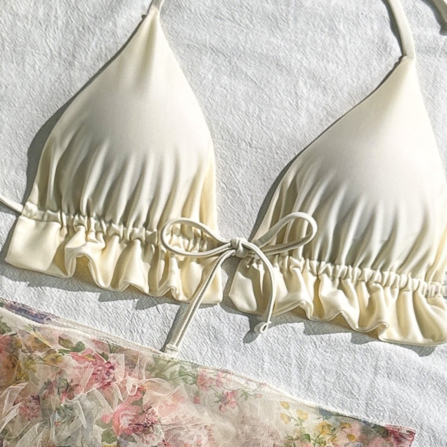 Sexy Bathing Suit Women Three Piece Set Fashion Triangle Ruffles Bandage Micro Bikini Mesh Cover Up Summer Beach Split Swimsuit