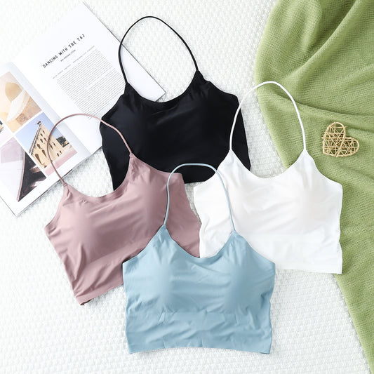 Sexy Crop Tops Women Ice Silk Tank Top Summer Seamless Backless Vest Tube Top Underwear Padded Bra Bralette Camisole Accessory