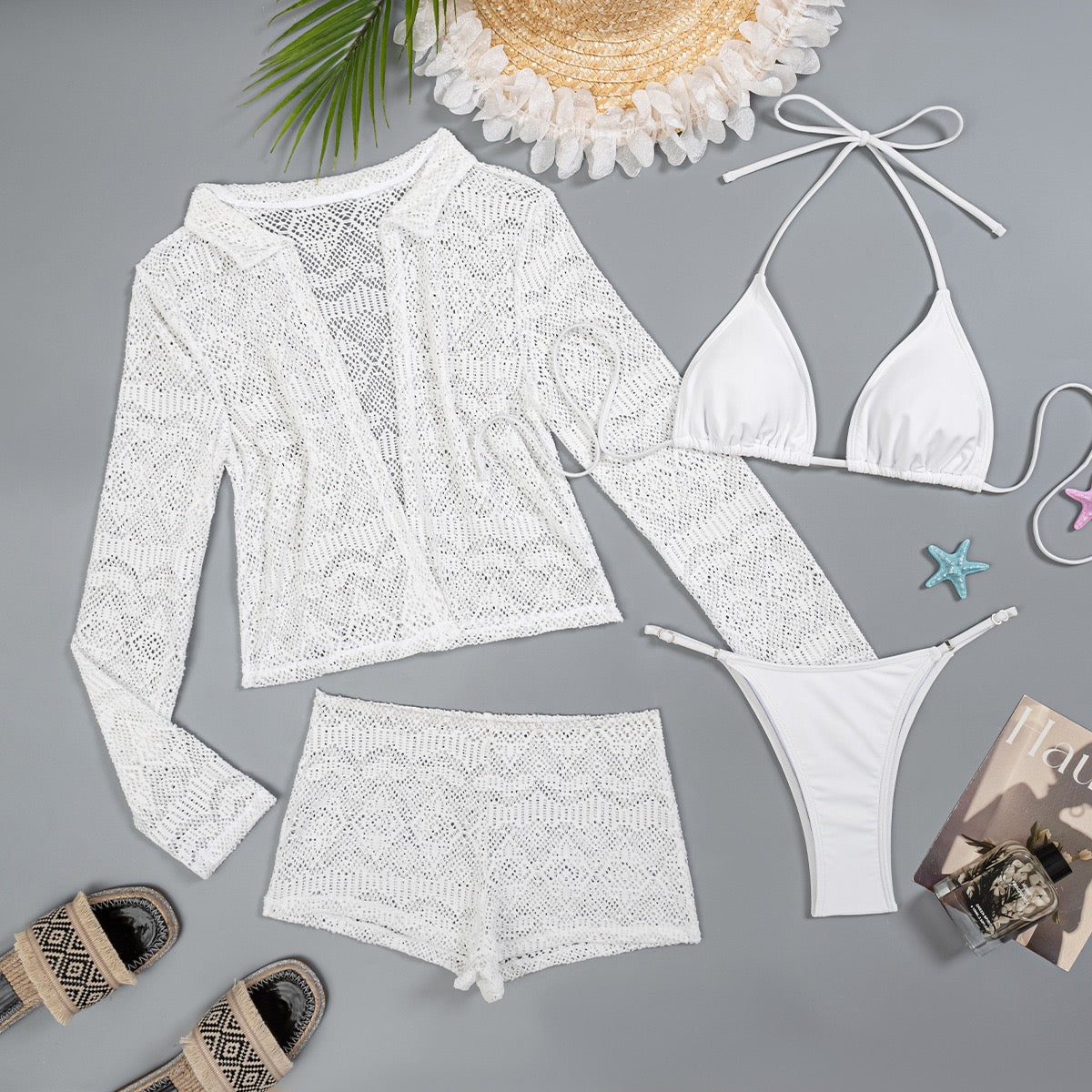 Solid White Hollow Lace Swimwears 4 Piece Bikinis Sets Shorts Coats Micro Thong Sexy Swimsuit Women Bather Halter String Bikini