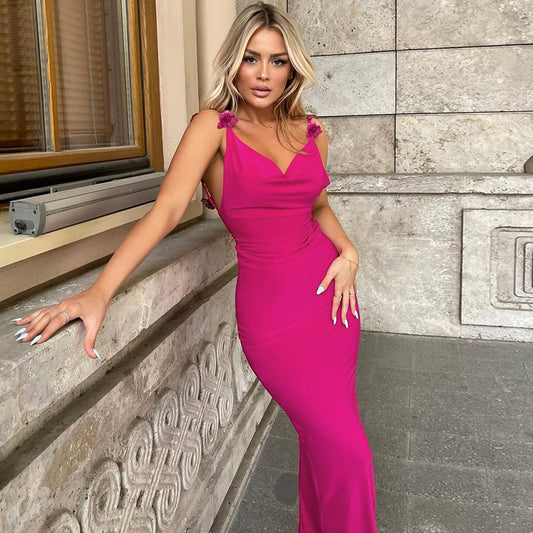 Sexy Backless Slim Suspender Rose Red Women'sDress  2025 Summer New Fashion Casual Elegant Party Long Dress for Women
