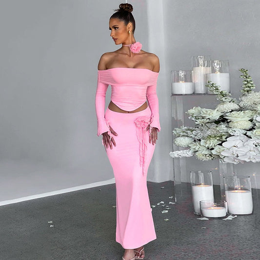Slim Sexy Backless Lace-Up Top & Bodycon Floral Skirt Set – Elegant 2-Piece Party Outfit for Women