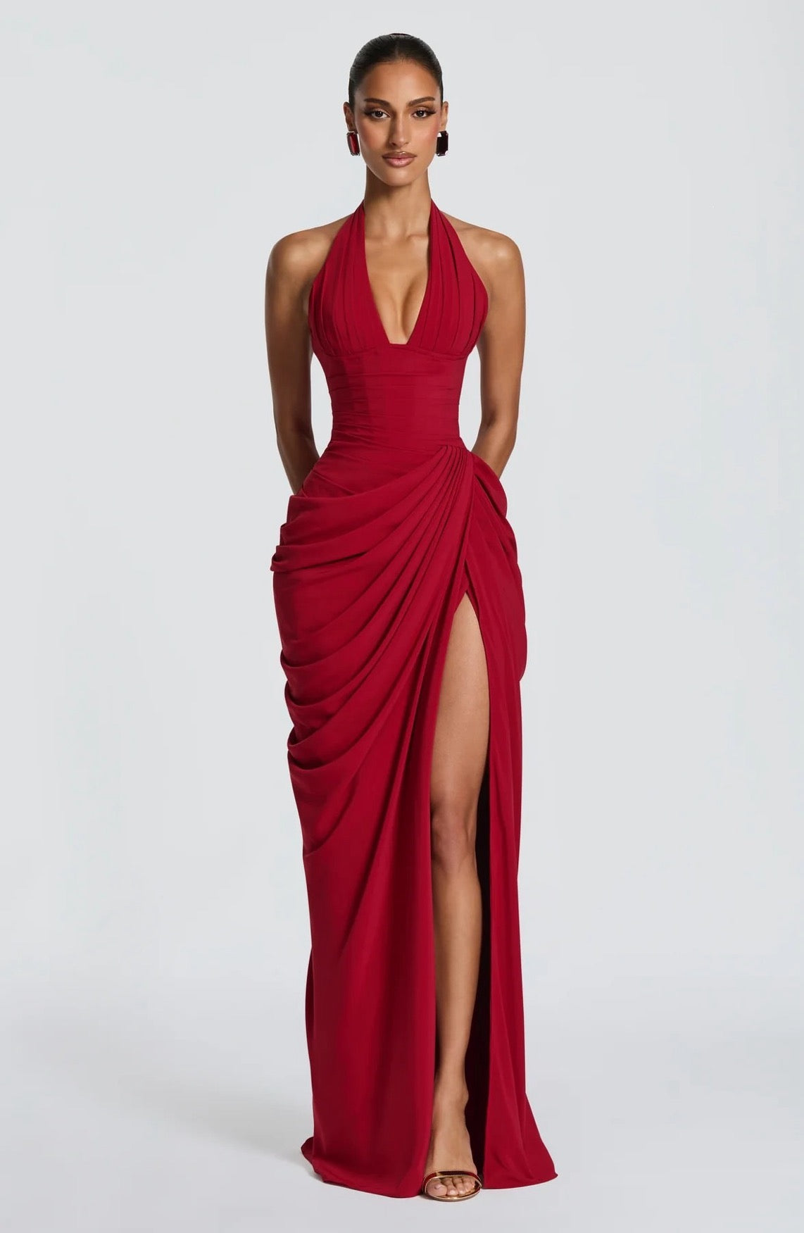 Abito lungo elegante da donna con scollo all'americana, profondo scollo a V, vita arricciata, gonna drappeggiata, spacco frontale, vestibilità aderente, lunghezza a terra, abito da sera formale