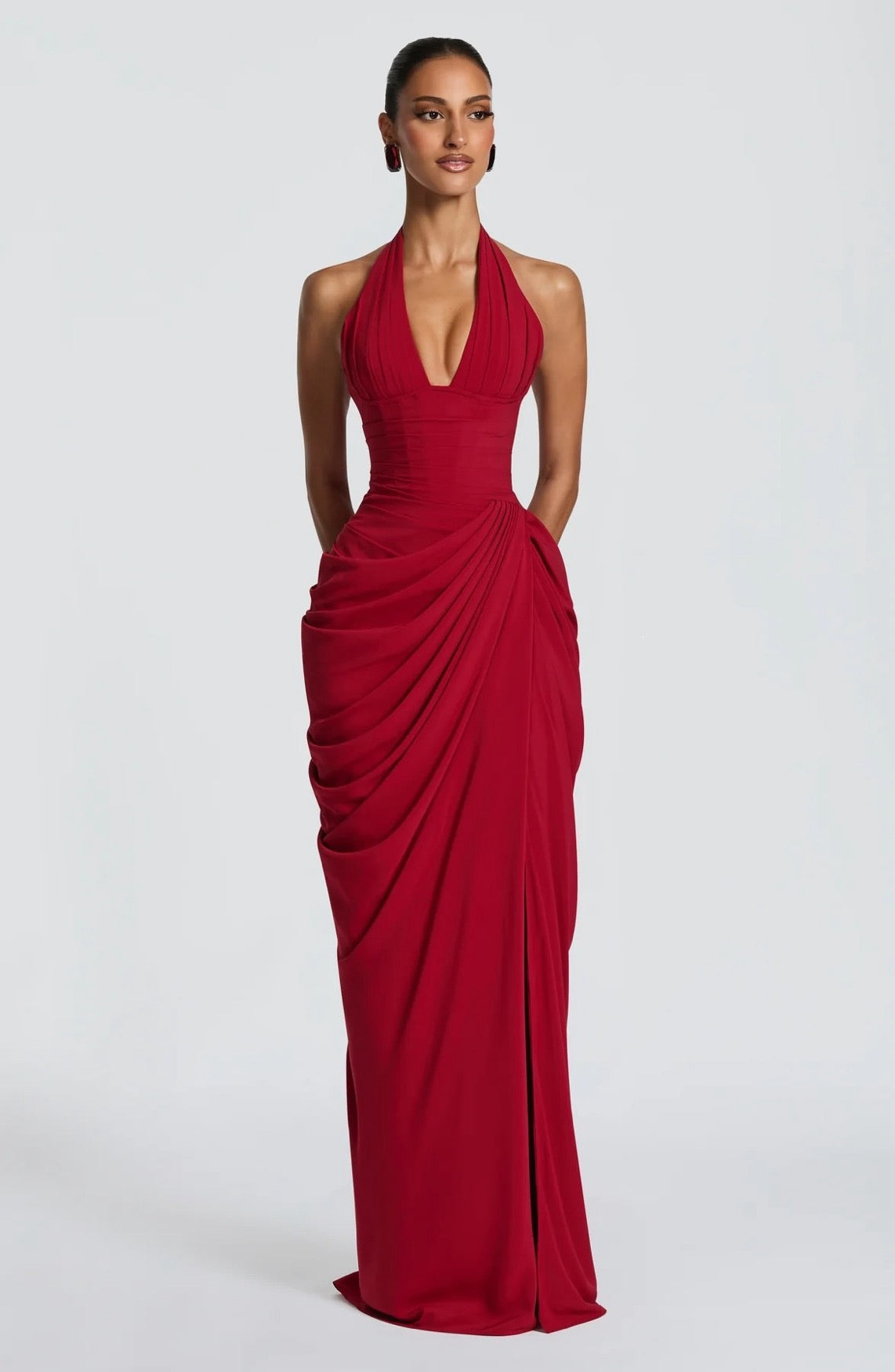 Abito lungo elegante da donna con scollo all'americana, profondo scollo a V, vita arricciata, gonna drappeggiata, spacco frontale, vestibilità aderente, lunghezza a terra, abito da sera formale