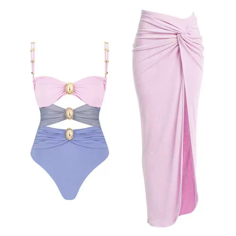 Women One Piece Swimsuit and Sarong Skirts Vacation Swimwear Summer New Buttons Beachwear Bathing Suit Bikini Set 2026