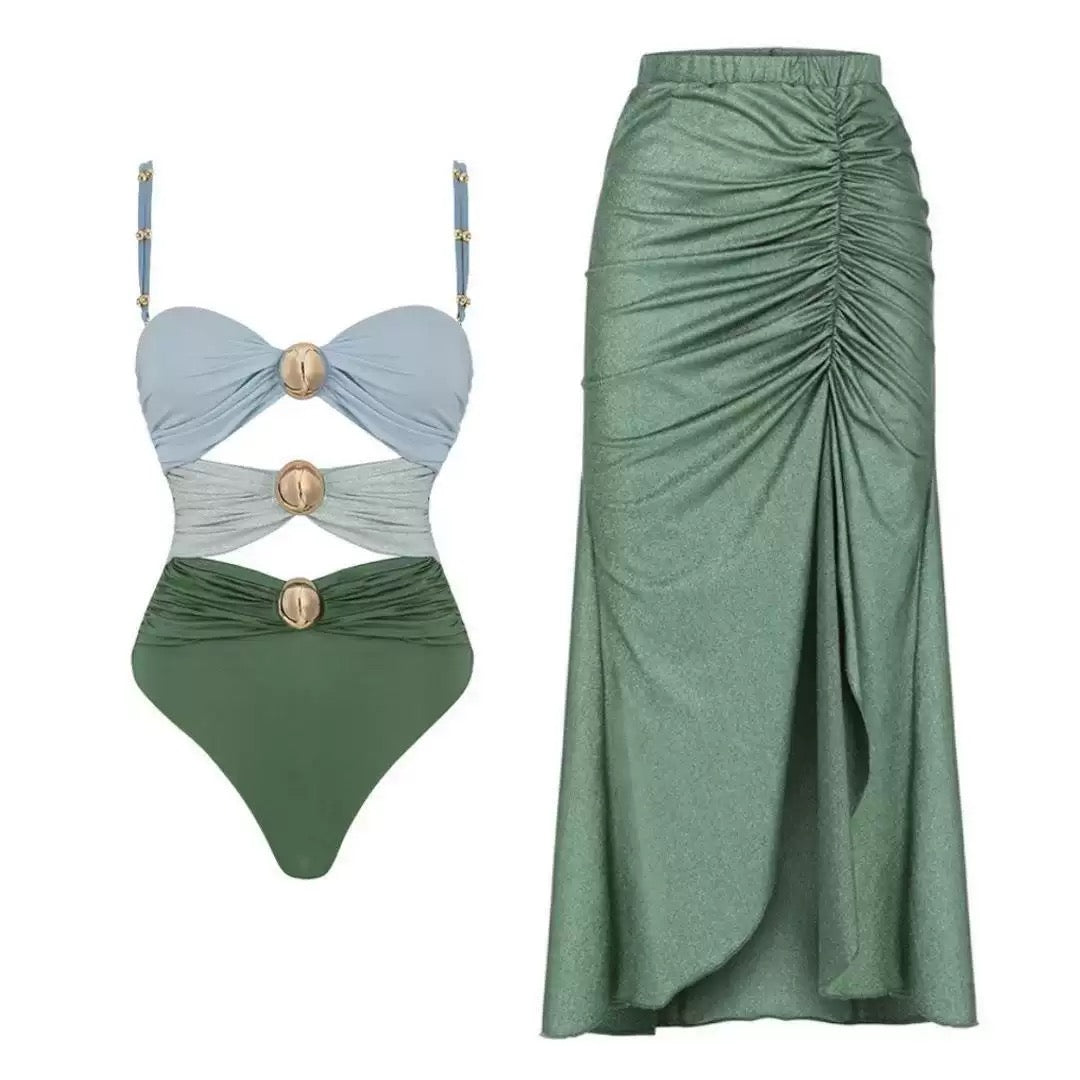 Women One Piece Swimsuit and Sarong Skirts Vacation Swimwear Summer New Buttons Beachwear Bathing Suit Bikini Set 2026