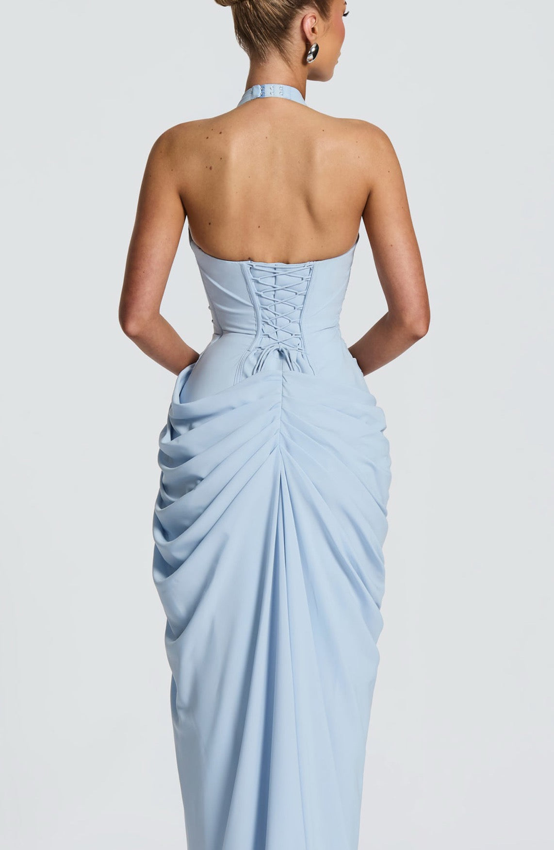 Abito lungo elegante da donna con scollo all'americana, profondo scollo a V, vita arricciata, gonna drappeggiata, spacco frontale, vestibilità aderente, lunghezza a terra, abito da sera formale