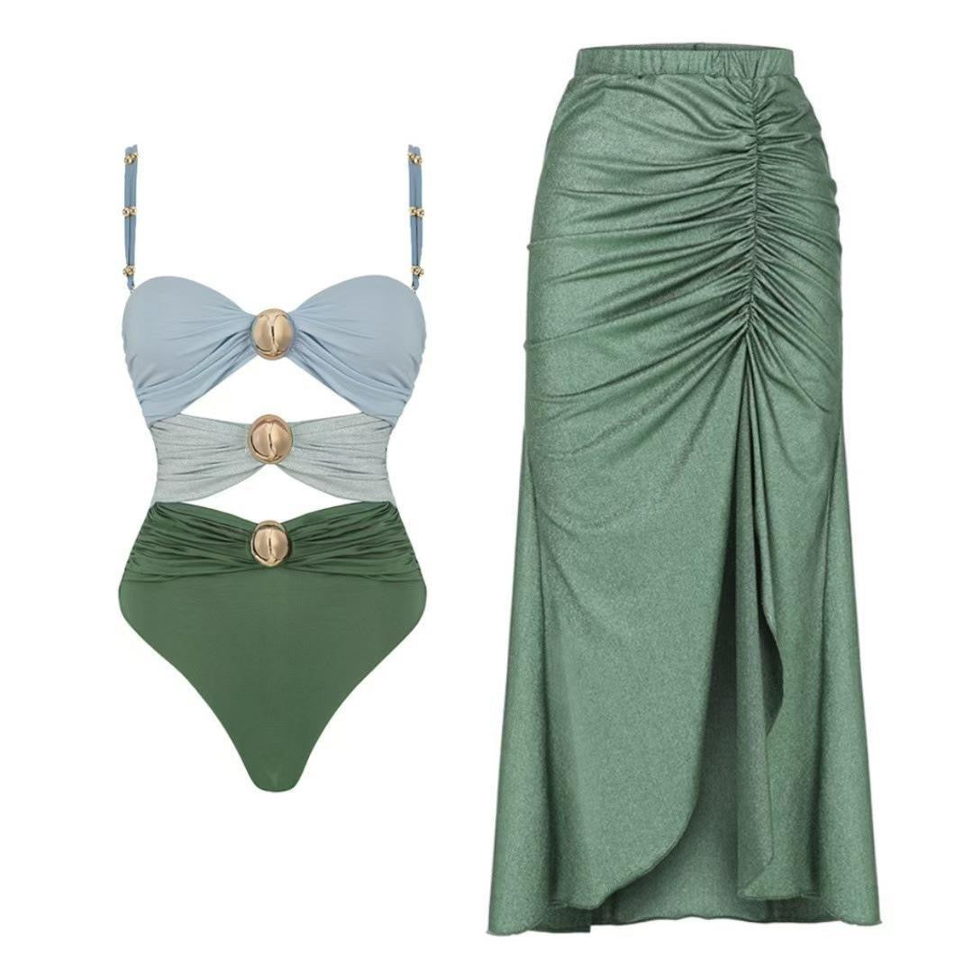 Women One Piece Swimsuit and Sarong Skirts Vacation Swimwear Summer New Buttons Beachwear Bathing Suit Bikini Set 2026