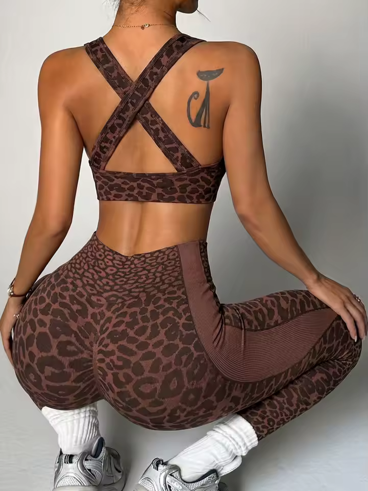 2PCS Set Women's Leopard Print Yoga Seamless High-Waisted Leggings Sports Bra Activewear Workout Fitness Clothing Set