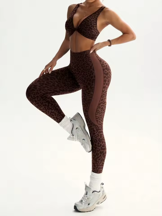 2PCS Set Women's Leopard Print Yoga Seamless High-Waisted Leggings Sports Bra Activewear Workout Fitness Clothing Set