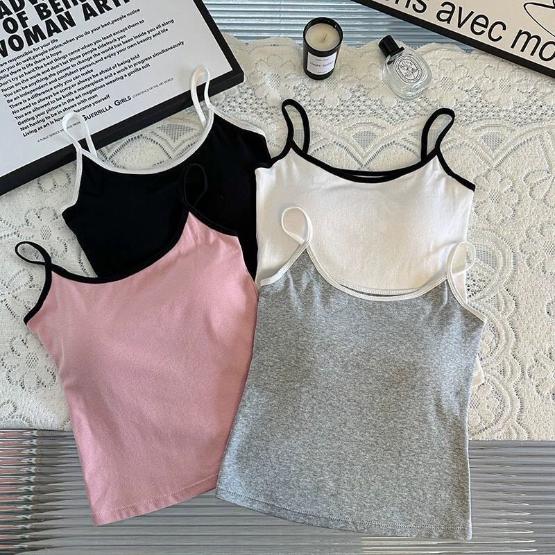 Women Spaghetti Strap Tank Top Scoop Neck Contrast Trim Crop Cami Top  Aesthetic Sleeveless Fitted Basic Tops
