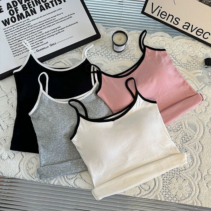 Women Spaghetti Strap Tank Top Scoop Neck Contrast Trim Crop Cami Top  Aesthetic Sleeveless Fitted Basic Tops