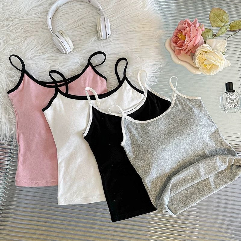 Women Spaghetti Strap Tank Top Scoop Neck Contrast Trim Crop Cami Top  Aesthetic Sleeveless Fitted Basic Tops