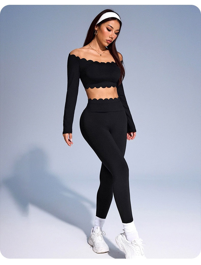 Autumn and winter sports yoga sets, women's round-neck long-sleeved tops and tight-fitting trousers, outdoor fitness yoga wear