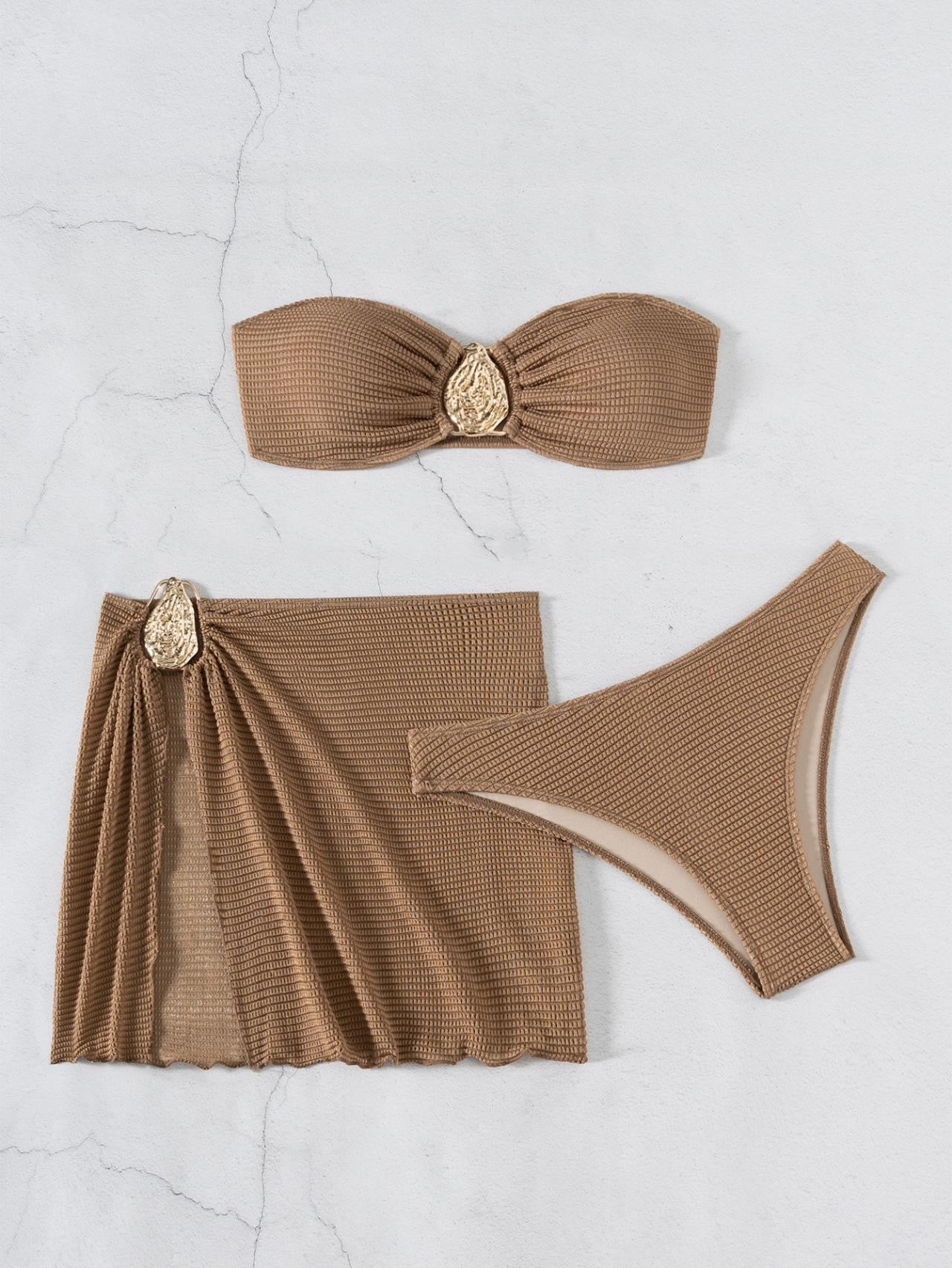 With Skirt Wrinkled Bandeau Bikini Female Swimsuit Women Swimwear Three-pieces Bikini Set Metal Ring Bathing Suit Swim Beachwear