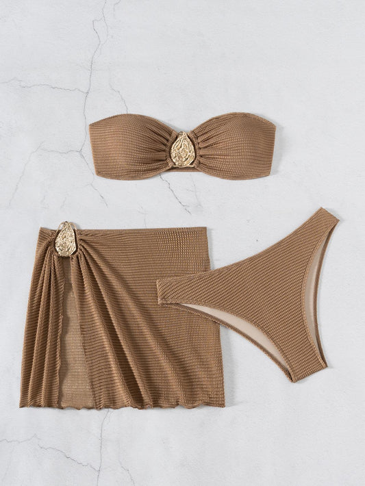 With Skirt Wrinkled Bandeau Bikini Female Swimsuit Women Swimwear Three-pieces Bikini Set Metal Ring Bathing Suit Swim Beachwear