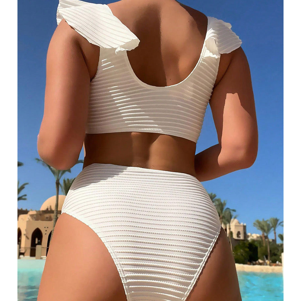 sexy ruffles high waist white bikinis sets women v wire push up swimsuit summer bathing suit holiday beachwear swimwear biquini