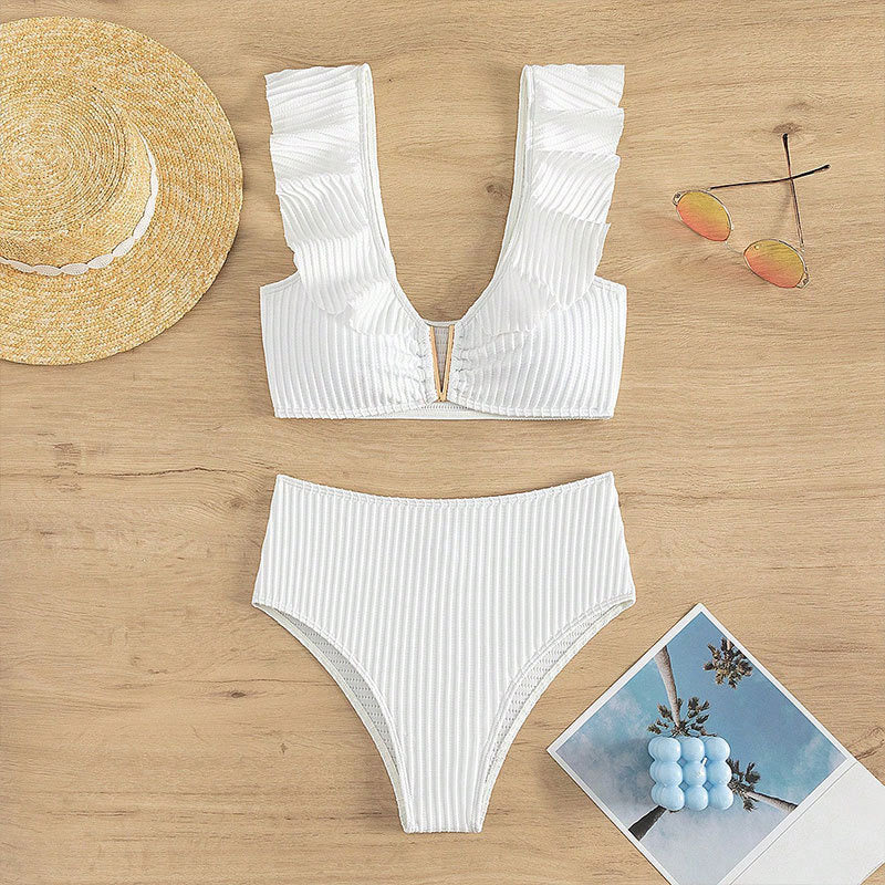 sexy ruffles high waist white bikinis sets women v wire push up swimsuit summer bathing suit holiday beachwear swimwear biquini