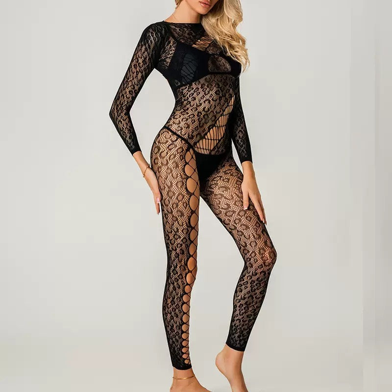 Sexy Lingerie Open Back  Long Sleeve Bodysuit With Sheer Pantyhose And Mesh Top Sexy Mesh Sheer Jumpsuit Rompers
