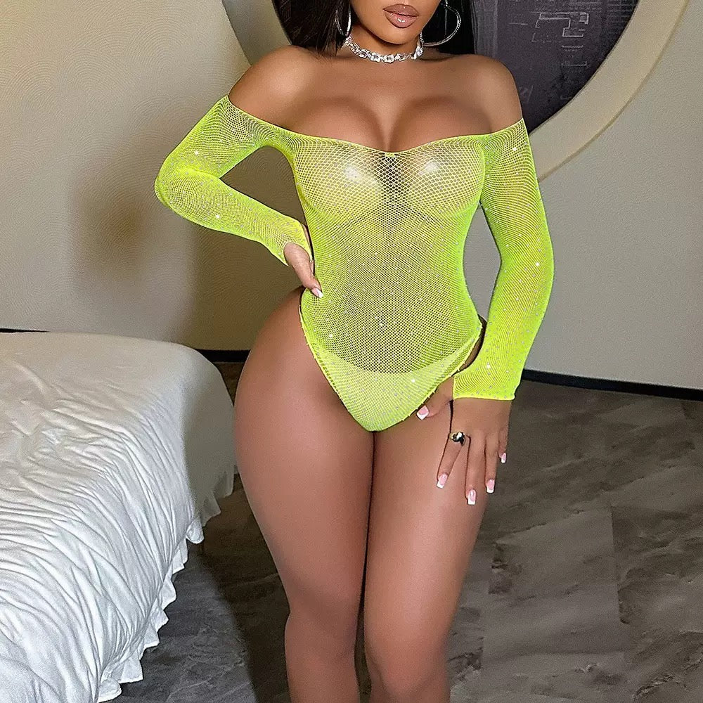 Sparkly Bodysuit Body Stockings Women's Fishnet See-through Tops Summer Hollow Long Sleeve Tights 2025 Sexy Costumes