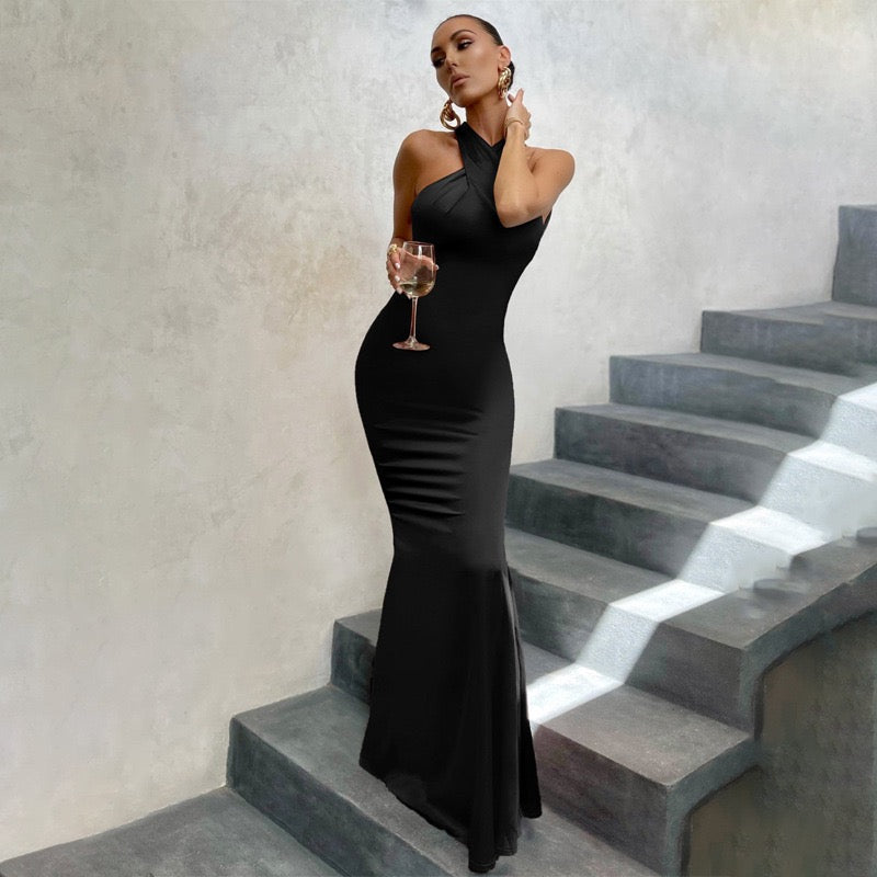 Elegant Formal Vestidos Women Cross Halter Long Fishtail Dress Ladies Backless Ball Gown  Party Evening Dresses