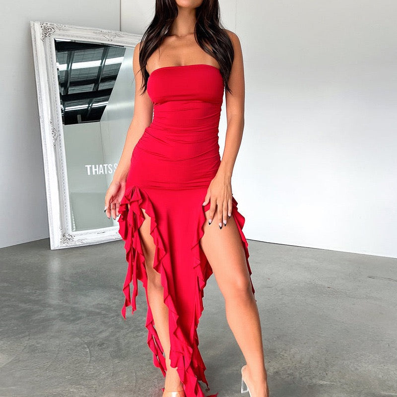 Women’s Sexy Slate blue Split Dress – Elegant Strapless Slim Fit with Ruffle & Fringe, Sleeveless Backless Summer Outfit for Club, Party, or Vacation