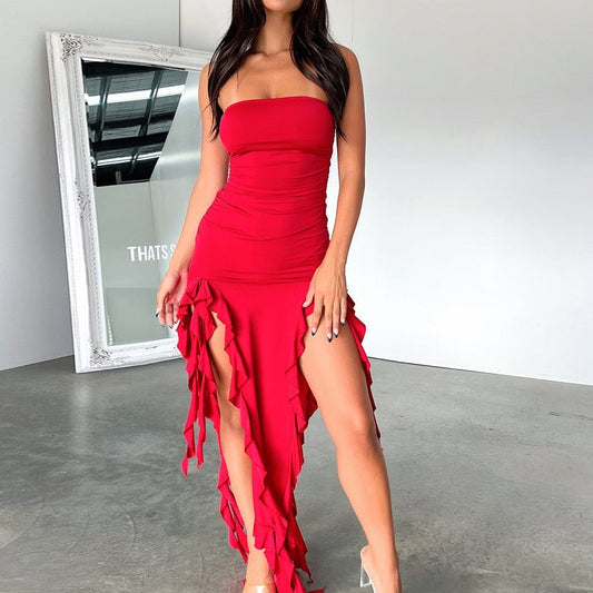 Women’s Sexy Slate blue Split Dress – Elegant Strapless Slim Fit with Ruffle & Fringe, Sleeveless Backless Summer Outfit for Club, Party, or Vacation