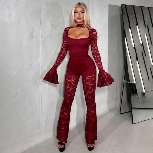 Lace See Through Long Sleeve Sexy Jumpsuit Women Fashion Lace Off-Shoulder Bodycon High Waist Club Party Jumpsuits