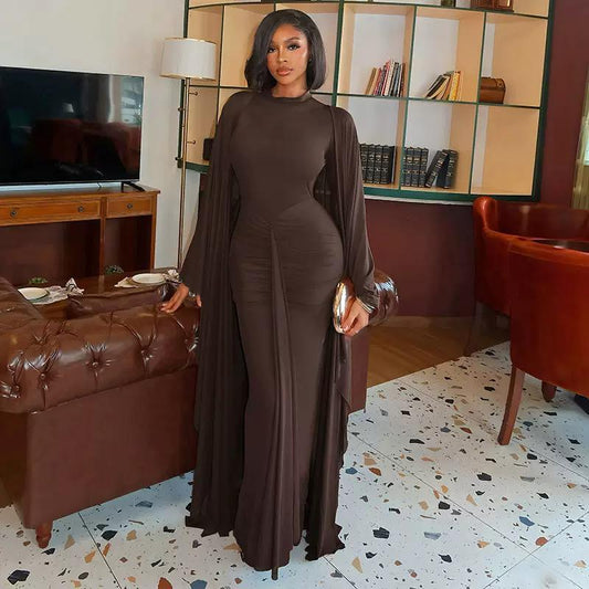 Elegant Two Piece Set Women Sexy Backless Patchwork Pleat Ribbon Split Dress And Long Shawl Birthday Stretch Slim Suit