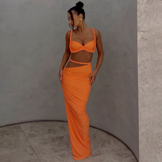 Sexy 2-Piece Skirt Set for Women – Bandage Ruched Square Neck Crop Top + Slim Fit Long Skirt – Summer Beach Vacation Outfit