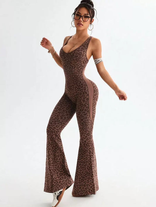 Women Seamless Jumpsuits Long Sleeve One Piece Yoga Overalls Backless Leopard Fitness Gym Bodysuits Flare Pants Sports Tracksuit