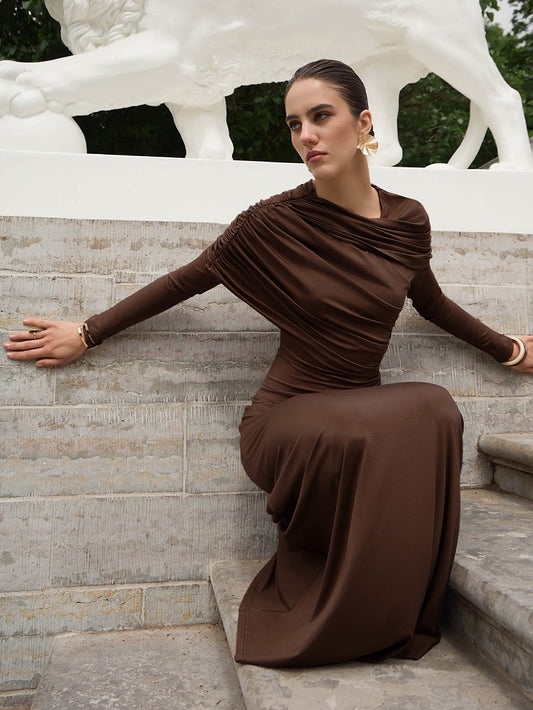 Chaxiaoa Irregular Ruched Sexy Maxi Dress for Women Elegant Autumn Inclined Shoulder Pleated Club Party Long Dresses Female