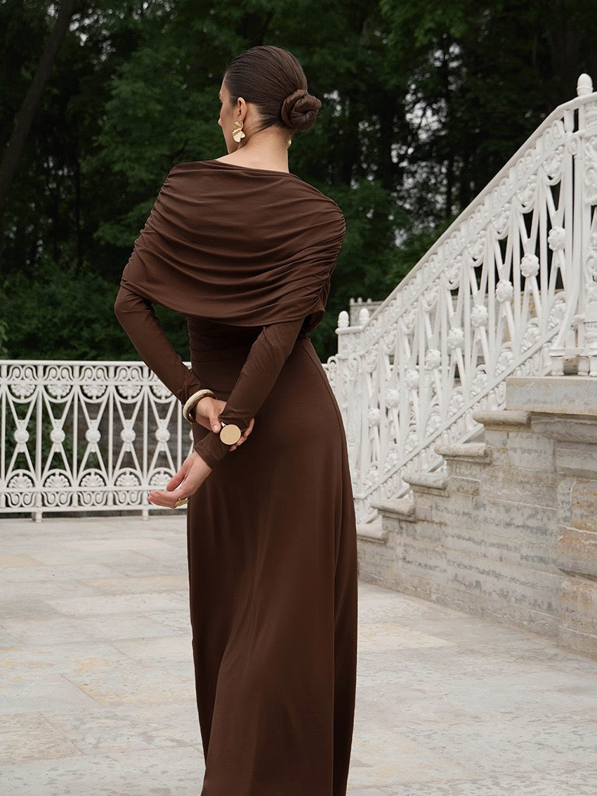 Chaxiaoa Irregular Ruched Sexy Maxi Dress for Women Elegant Autumn Inclined Shoulder Pleated Club Party Long Dresses Female