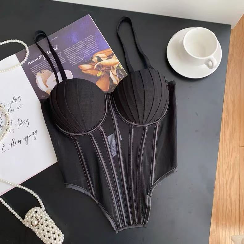 Fashion Solid Corset Lingerie Top Ladies Strap Sheer Mesh Slim Camisole American Retro Backless Beach Sexy Tank Top