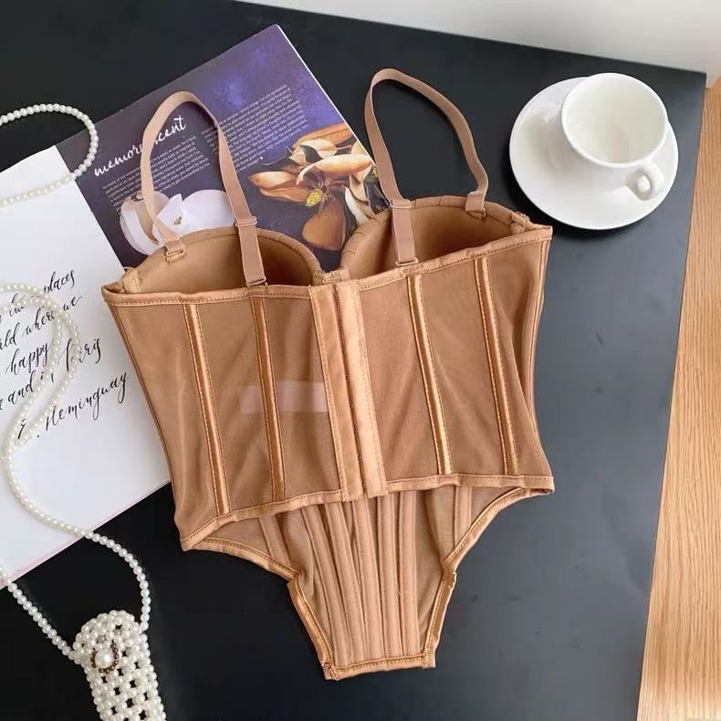 Fashion Solid Corset Lingerie Top Ladies Strap Sheer Mesh Slim Camisole American Retro Backless Beach Sexy Tank Top