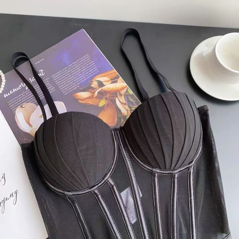 Fashion Solid Corset Lingerie Top Ladies Strap Sheer Mesh Slim Camisole American Retro Backless Beach Sexy Tank Top