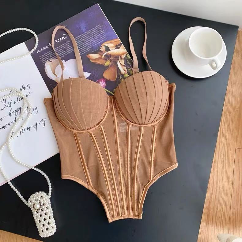 Fashion Solid Corset Lingerie Top Ladies Strap Sheer Mesh Slim Camisole American Retro Backless Beach Sexy Tank Top