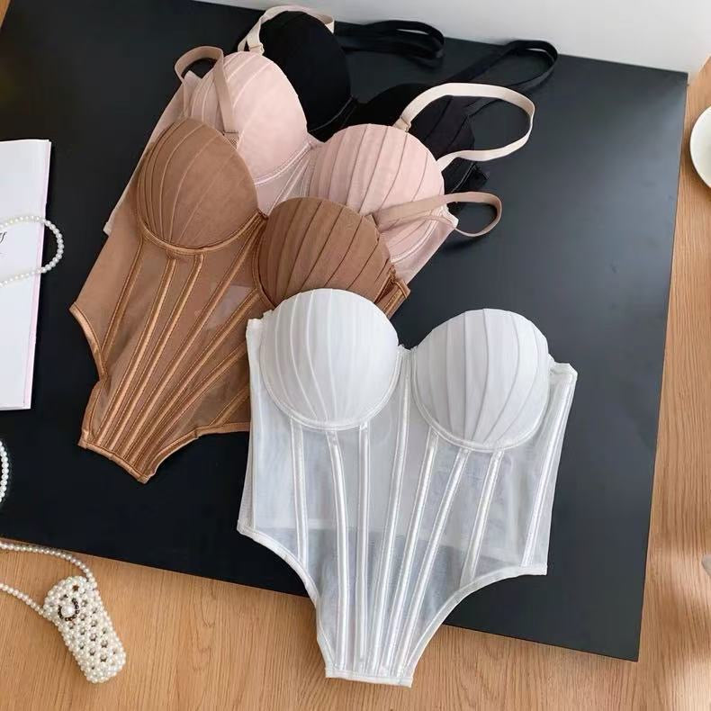 Fashion Solid Corset Lingerie Top Ladies Strap Sheer Mesh Slim Camisole American Retro Backless Beach Sexy Tank Top
