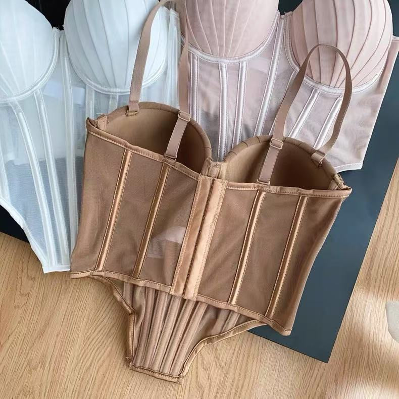 Fashion Solid Corset Lingerie Top Ladies Strap Sheer Mesh Slim Camisole American Retro Backless Beach Sexy Tank Top