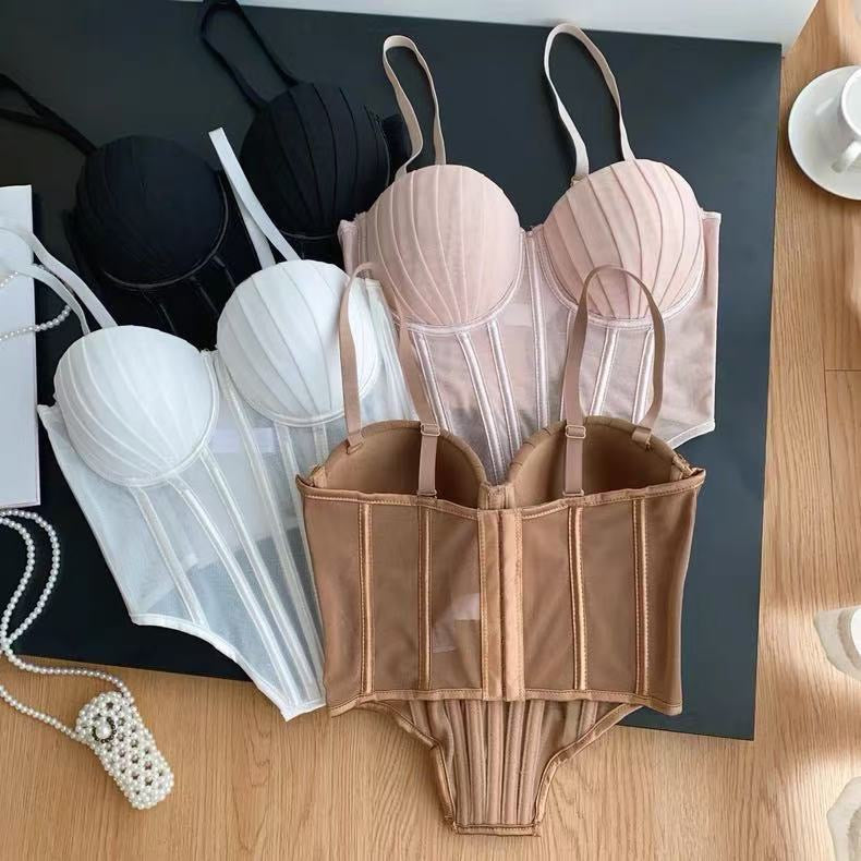 Fashion Solid Corset Lingerie Top Ladies Strap Sheer Mesh Slim Camisole American Retro Backless Beach Sexy Tank Top
