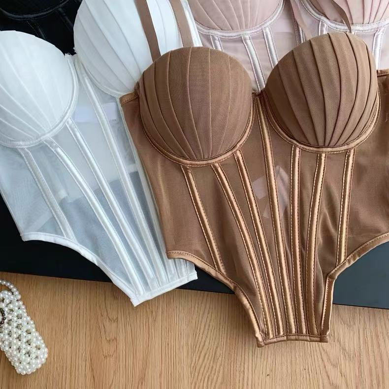 Fashion Solid Corset Lingerie Top Ladies Strap Sheer Mesh Slim Camisole American Retro Backless Beach Sexy Tank Top